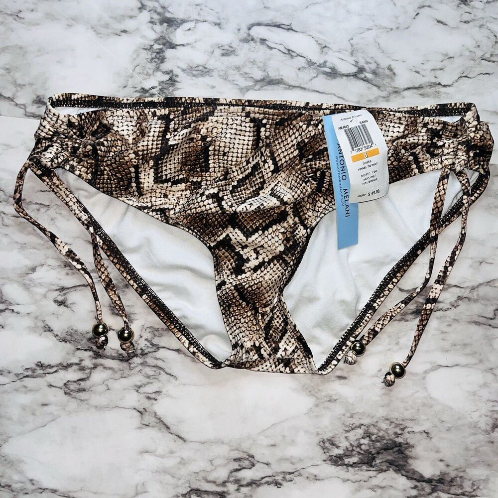 NWT Antonio Melani Women Snake Brown Tunnel Tie Bikini Bottom Lg Beach Pool